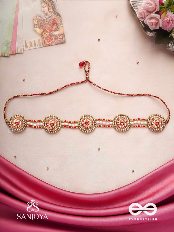 KUSUMAVALI - ROW OF FLOWERS - GOLDEN CIRCLES, PEARLS, RED DROPS AND KUNDAN HAND EMBROIDERED MATHAPATTI