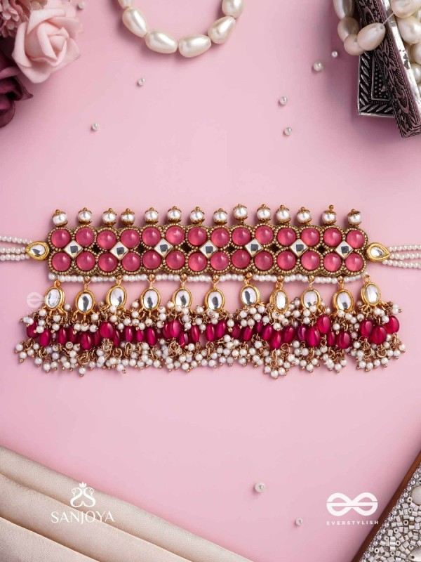 GULABI DHARA – SUHANA KHAN INSPIRED NECKPIECE FEATURING KUNDAN, RED GEMSTONES AND PEARLS