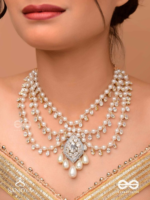 SHWETAPUSHPA– SHLOKA AMBANI INSPIRED NECKPIECE WITH SILVER ACCENTS, CZ STONES AND PEARLS