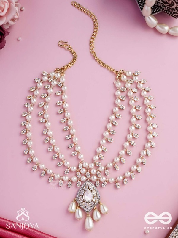 SHWETAPUSHPA– SHLOKA AMBANI INSPIRED NECKPIECE WITH SILVER ACCENTS, CZ STONES AND PEARLS