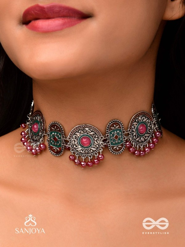 RAKTASHREE– RED ELEGANCE : OXIDIZED CHOKER WITH INTRICATE WORK AND BOLD RED ACCENTS, PERFECT FOR A TRADITIONAL LOOK