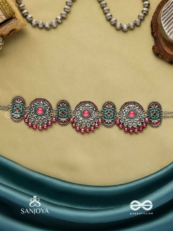RAKTASHREE– RED ELEGANCE : OXIDIZED CHOKER WITH INTRICATE WORK AND BOLD RED ACCENTS, PERFECT FOR A TRADITIONAL LOOK