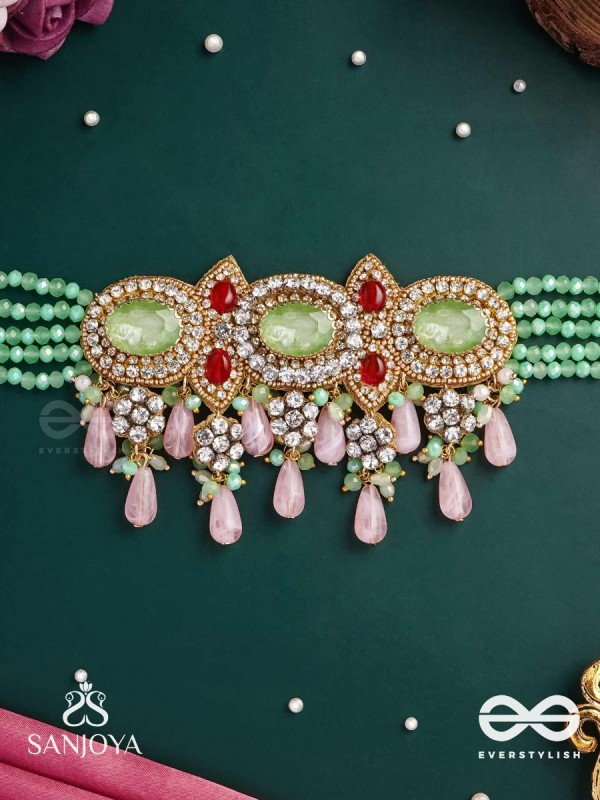 PANKHURI DHARA – SUHANA KHAN INSPIRED NECKPIECE FEATURING CASCADING PINK BEADS AND SPARKLING GEMSTONES