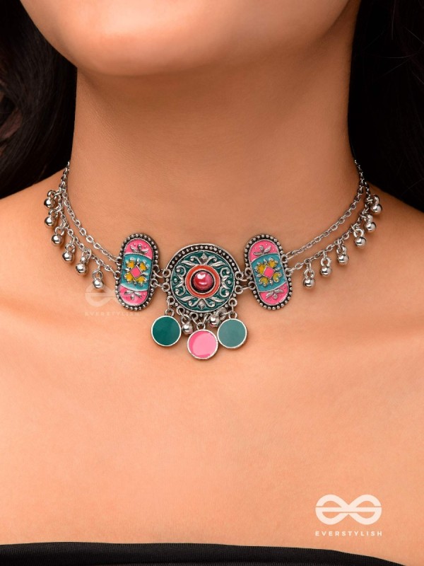 TRIBAL GRACE- ENAMELED OXIDIZED CHOKER WITH GHUNGROO'S