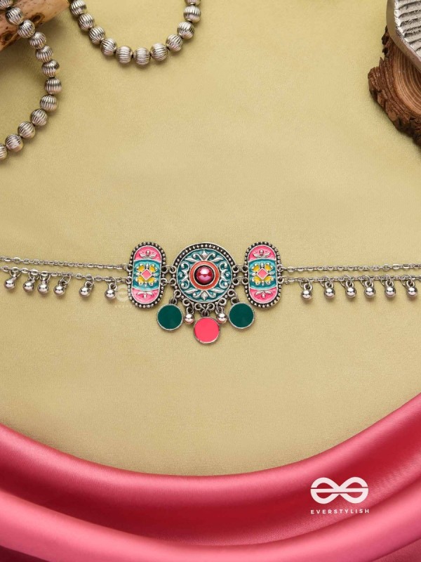 TRIBAL GRACE- ENAMELED OXIDIZED CHOKER WITH GHUNGROO'S