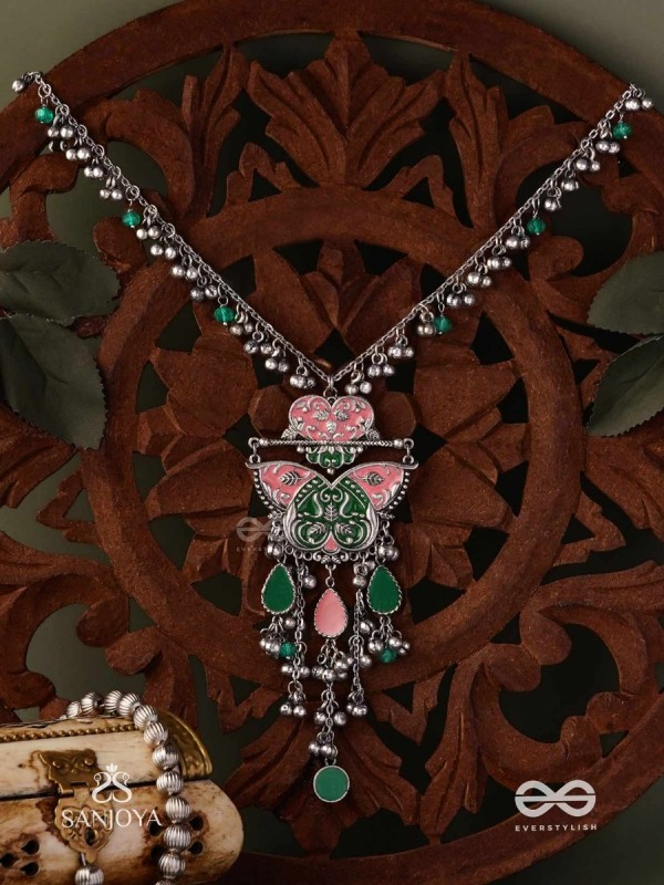 MAYURA MAALA- PECOCK NECKLACE: ENAMELLED OXIDISED NECKLACE WITH GHUNGROO AND BEADS