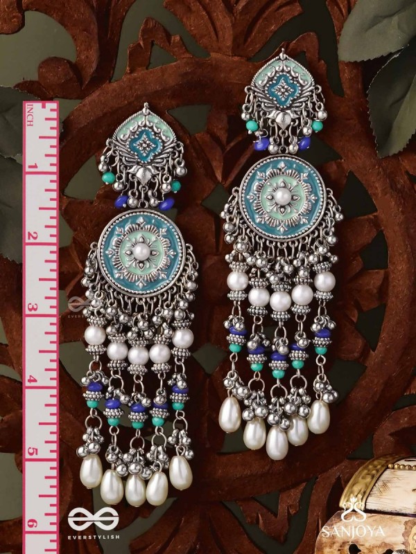 NEELKAMALA – BLUE LOTUS OXIDIZED EARRINGS WITH BLUE BEADS AND INTRICATE WORK, ADORNED WITH PEARLS & GHUNGROO'S
