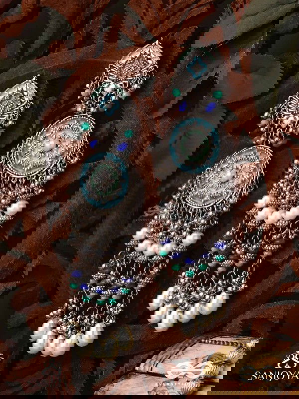 NEELKAMALA – BLUE LOTUS OXIDIZED EARRINGS WITH BLUE BEADS AND INTRICATE WORK, ADORNED WITH PEARLS & GHUNGROO'S