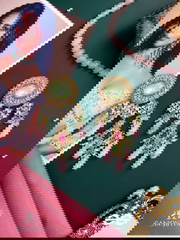 PANKHURI DHARA – SUHANA KHAN INSPIRED EARRINGS FEATURING CASCADING PINK BEADS AND SPARKLING GEMSTONES