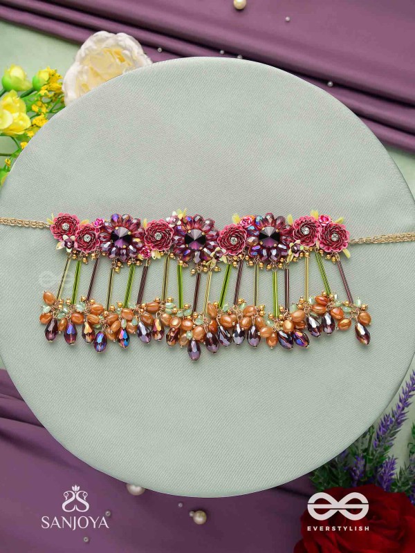VARNAMALA ABHUSHANA - ADORNMENT OF COLORS - FLORAL MOTIFS, BEADWORK, GLASS DROPS WITH GOLDEN DETAILING CHOKER NECKPIECE