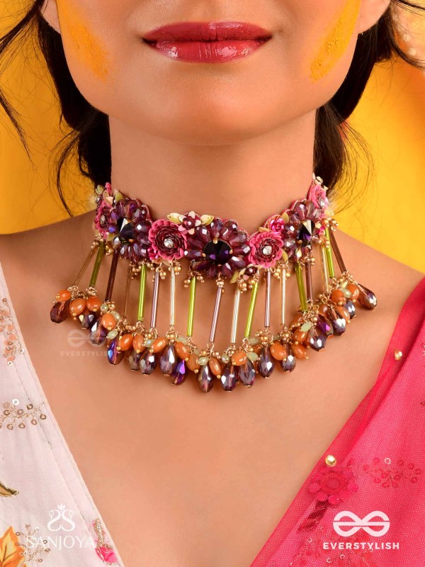 VARNAMALA ABHUSHANA - ADORNMENT OF COLORS - FLORAL MOTIFS, BEADWORK, GLASS DROPS WITH GOLDEN DETAILING CHOKER NECKPIECE