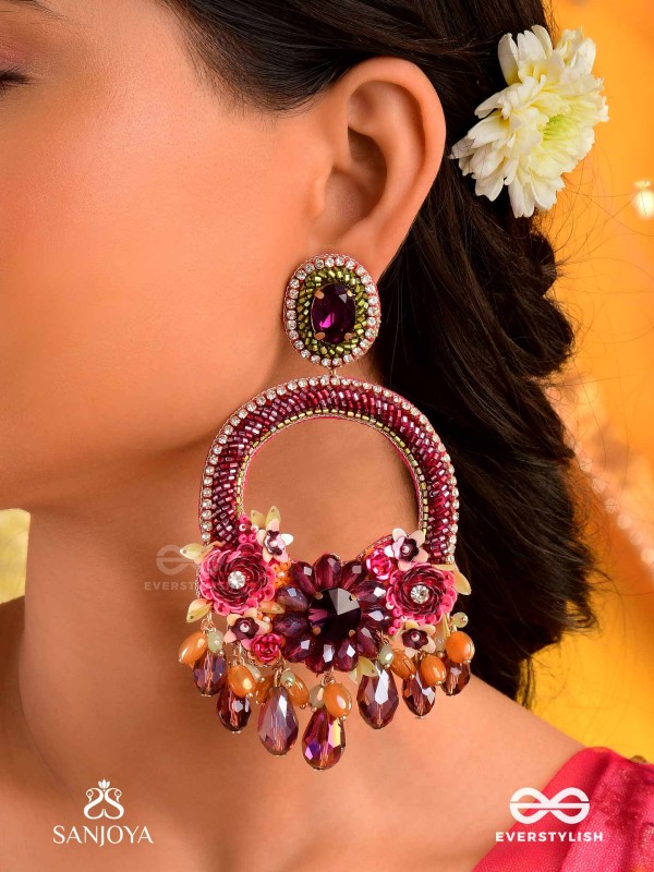 VARNAMALA ABHUSHANA - ADORNMENT OF COLORS - FLORAL MOTIFS, GLASSDROPS AND STONES HAND EMBROIDERED EARRINGS