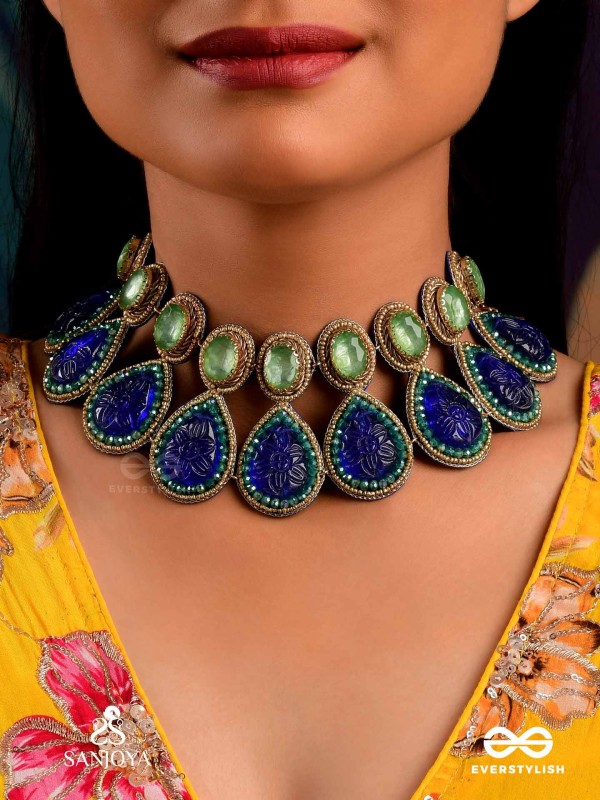 JALANEELINI - WATER LIKE BLUE ELEGANCE - BLUE TEARDROP SHAPES, GEMSTONES WITH GOLDEN EBELLISHED NECKLACE