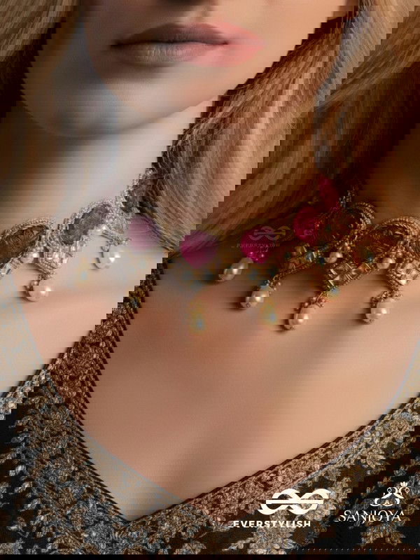 PREMABHUSHANAM - ADORNMENT OF LOVE - RED ENAMEL ON STONES, PEARLS AND KUNDAN DETAILING CHOKER NECKLACE