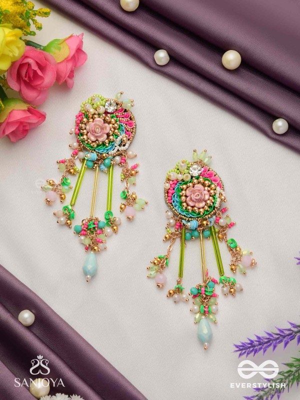 MANJUSUMANA - BEAUTIFUL BLOSSOM - PASTEL COLOR BEADS  AND DETAIL WORK WITH GOLDEN EMBELLISHMENT EARRINGS