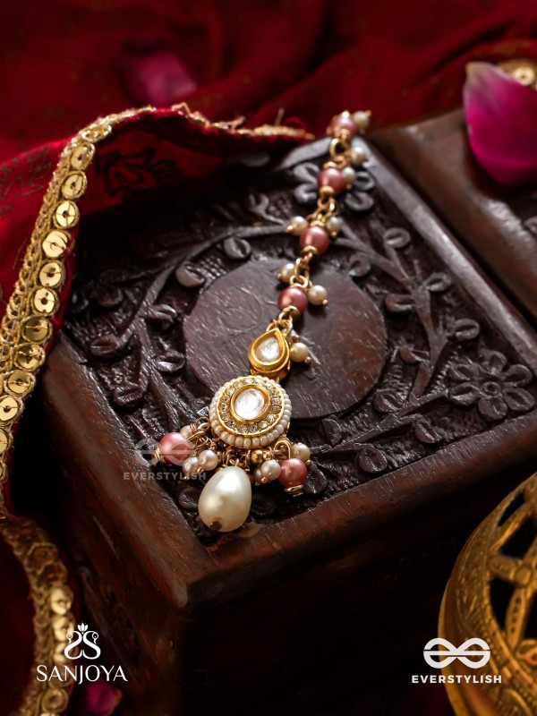 DIVYAMUKUTA - DIVINE ORNAMENT - PEARLS AND BEADS HAND EMBROIDERED MAANG TIKA (PINK & WHITE)