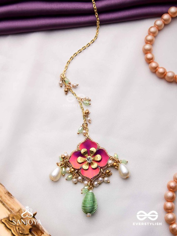 RANGOLIKA - A CANVAS OF COLORS - ENAMEL FLOWER, PEARLS AND GLASS DROPS  HAND EMBROIDERD MAANGTIKA 