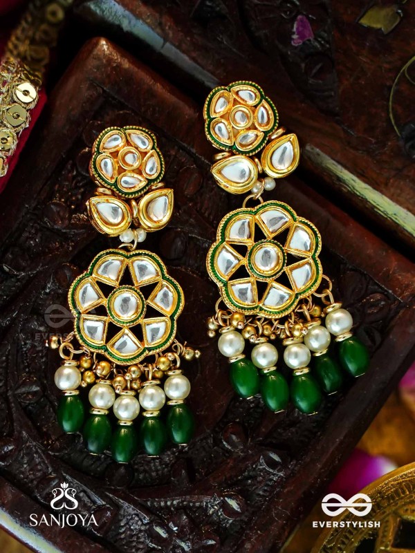 PARNAPRIYA - LOVER OF LEAVES - FLORAL KUNDAN DESIGN WITH GREEN BEADS AND PEARL DROPS  HAND EMBROIDERD EARRINGS 