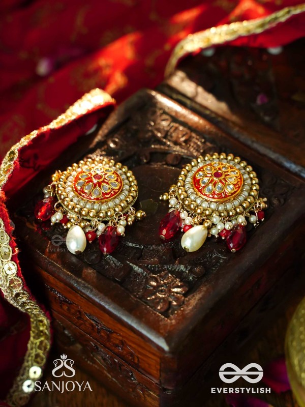 KUSUMAVALI - ROW OF FLOWERS - STONES, PEARLS AND RED BEADS KUNDAN HAND EMBROIDERED EARRINGS
