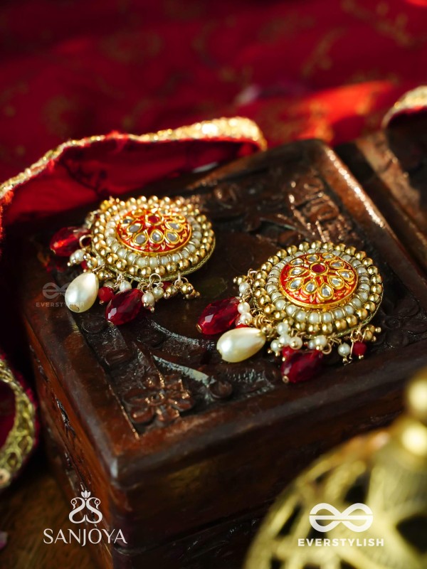 KUSUMAVALI - ROW OF FLOWERS - STONES, PEARLS AND RED BEADS KUNDAN HAND EMBROIDERED EARRINGS