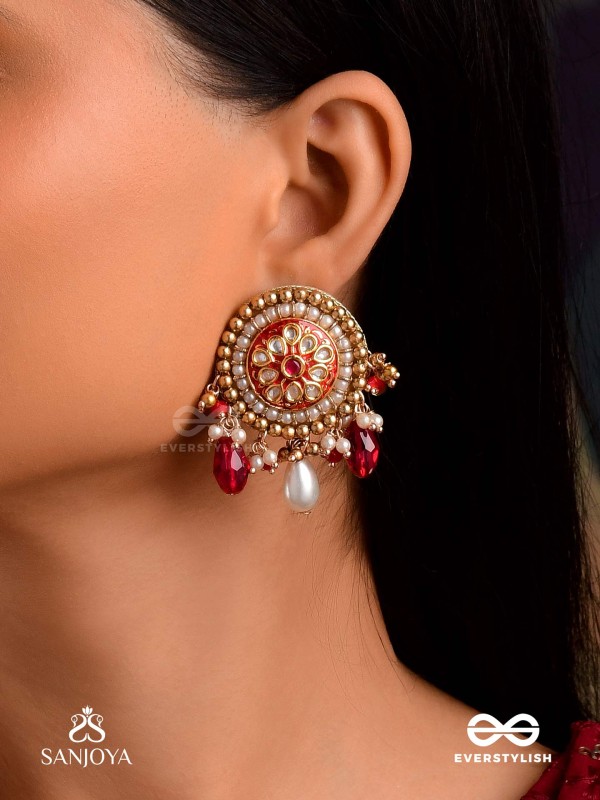 KUSUMAVALI - ROW OF FLOWERS - STONES, PEARLS AND RED BEADS KUNDAN HAND EMBROIDERED EARRINGS
