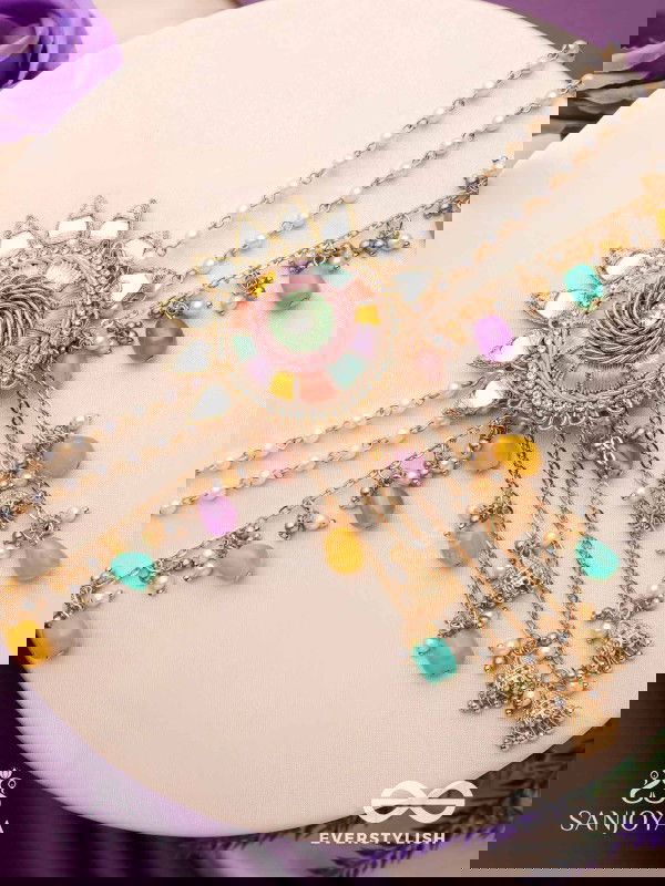 RANGVATI - FULL OF COLORS - EMBROIDERED MIRROR WORK HAIR ACCESSORY WITH MULTI-COLORED BEADS AND GOLDEN CHAINS