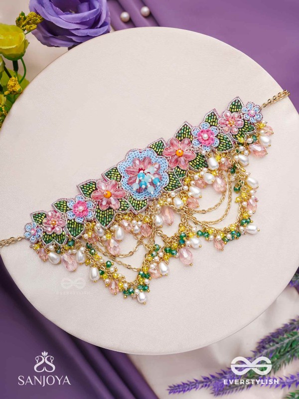MADHUVRATA - SPRING BLOOM - DELICATE EMBROIDERED CHOKER WITH FLORAL MOTIFS, BEADS AND PEARL DROPS
