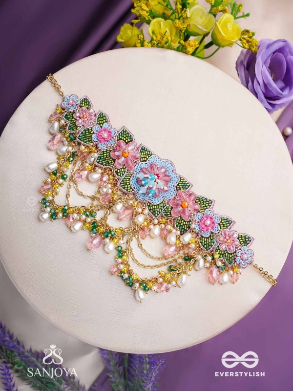 MADHUVRATA - SPRING BLOOM - DELICATE EMBROIDERED CHOKER WITH FLORAL MOTIFS, BEADS AND PEARL DROPS