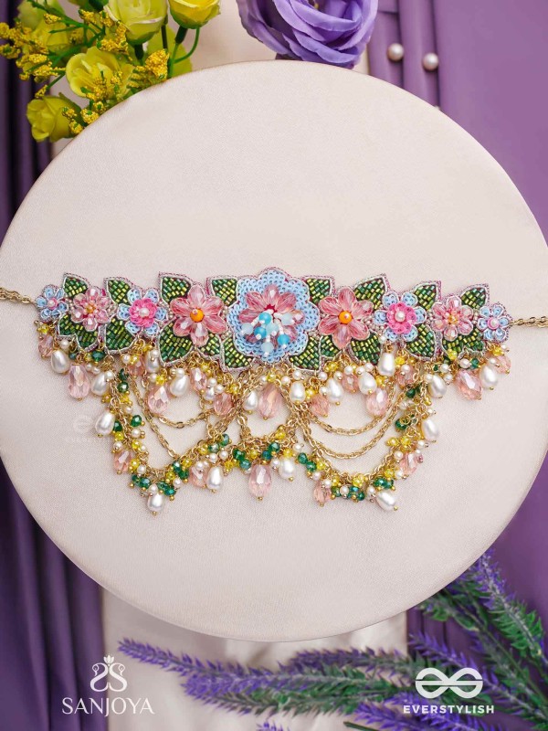 MADHUVRATA - SPRING BLOOM - DELICATE EMBROIDERED CHOKER WITH FLORAL MOTIFS, BEADS AND PEARL DROPS