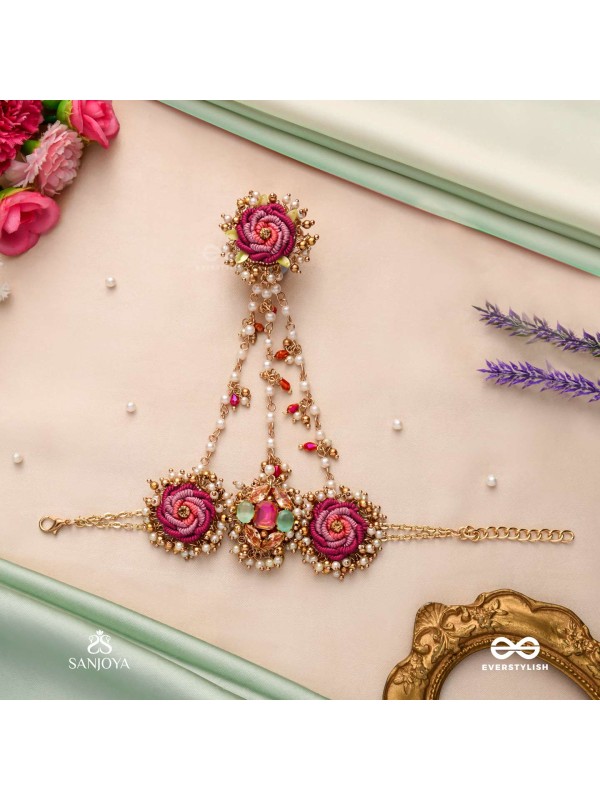 GULRATNA - JEWEL OF ROSES - HANDCRAFTED ROSE HAATHPHOOL WITH BEADED FRINGES, PEARLS AND GEM DETAILS