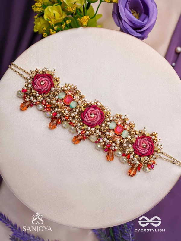 GULRATNA - JEWEL OF ROSES - HANDCRAFTED ROSE CHOKER WITH BEADED FRINGES, PEARLS AND GEM DETAILS
