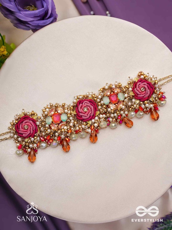 GULRATNA - JEWEL OF ROSES - HANDCRAFTED ROSE CHOKER WITH BEADED FRINGES, PEARLS AND GEM DETAILS