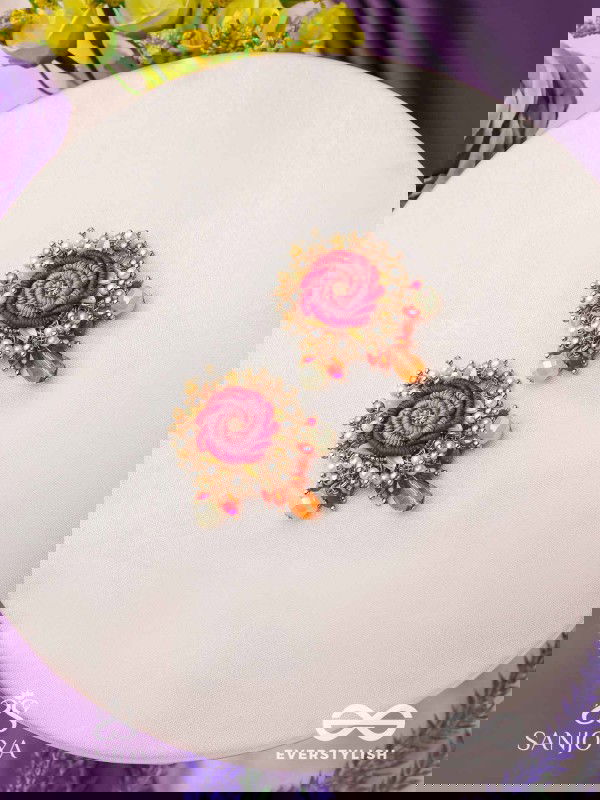 GULRATNA - JEWEL OF ROSES - HANDCRAFTED ROSE EARRINGS WITH BEADED FRINGES, PEARLS AND GEM DETAILS