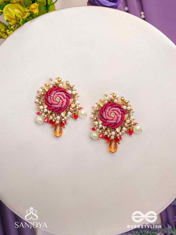 GULRATNA - JEWEL OF ROSES - HANDCRAFTED ROSE EARRINGS WITH BEADED FRINGES, PEARLS AND GEM DETAILS