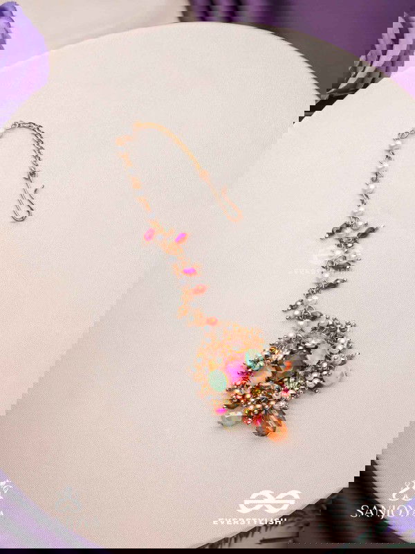 GULRATNA - JEWEL OF ROSES - HANDCRAFTED ROSE MAANGTIKA WITH BEADED FRINGES, PEARLS AND GEM DETAILS