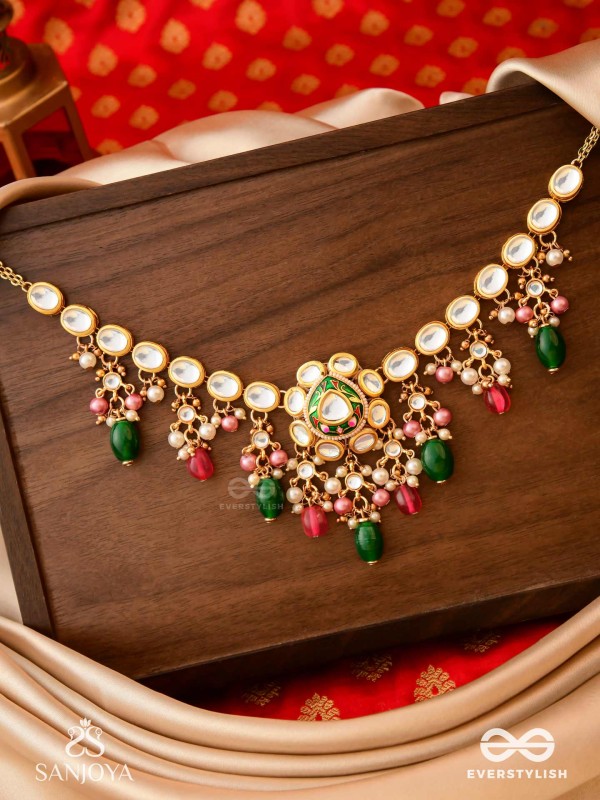 KIRANMALA – GARLAND OF RAYS- EXQUISITE ENAMELLED KUNDAN NECKLACE WITH MULTICOLORED DROPS AND PEARLS