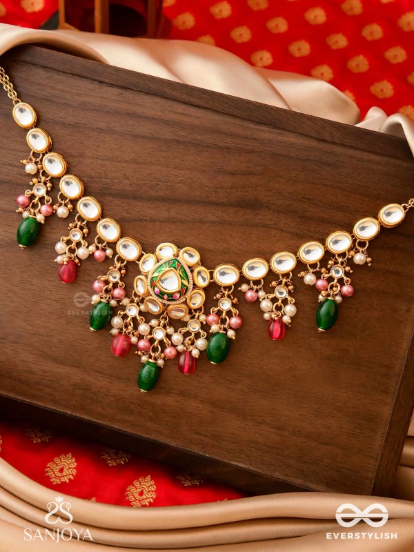 KIRANMALA – GARLAND OF RAYS- EXQUISITE ENAMELLED KUNDAN NECKLACE WITH MULTICOLORED DROPS AND PEARLS
