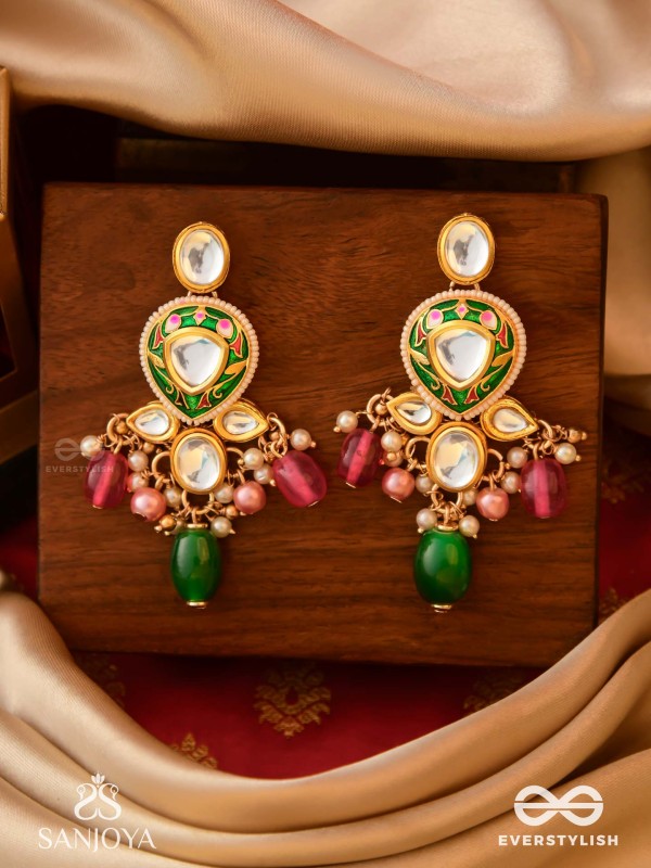 KIRANMALA – GARLAND OF RAYS- EXQUISITE ENAMELLED KUNDAN EARRINGS WITH MULTICOLORED DROPS AND PEARLS