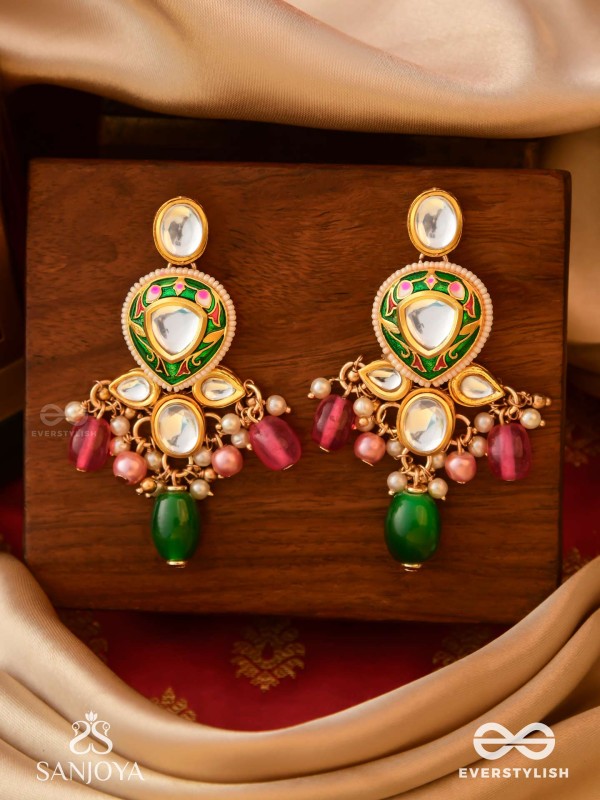 KIRANMALA – GARLAND OF RAYS- EXQUISITE ENAMELLED KUNDAN EARRINGS WITH MULTICOLORED DROPS AND PEARLS