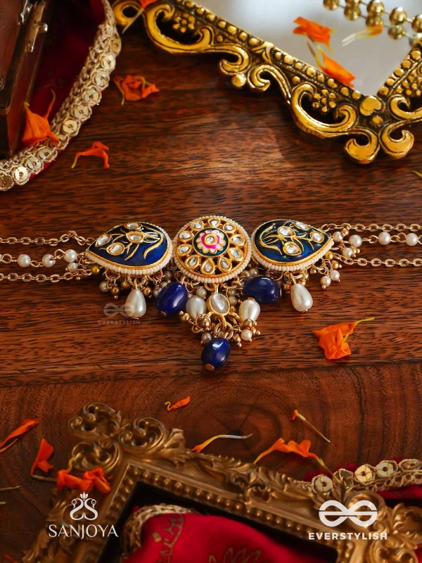 NILACHANDRIKA- MOONLIGHT OF THE BLUE SKY- KUNDAN NECKLACE WITH DEEP BLUE ENAMEL WORK WITH GOLDEN DETAILS, PEARLS, AND DAZZLING GEMS