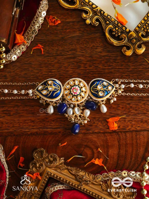 NILACHANDRIKA- MOONLIGHT OF THE BLUE SKY- KUNDAN NECKLACE WITH DEEP BLUE ENAMEL WORK WITH GOLDEN DETAILS, PEARLS, AND DAZZLING GEMS