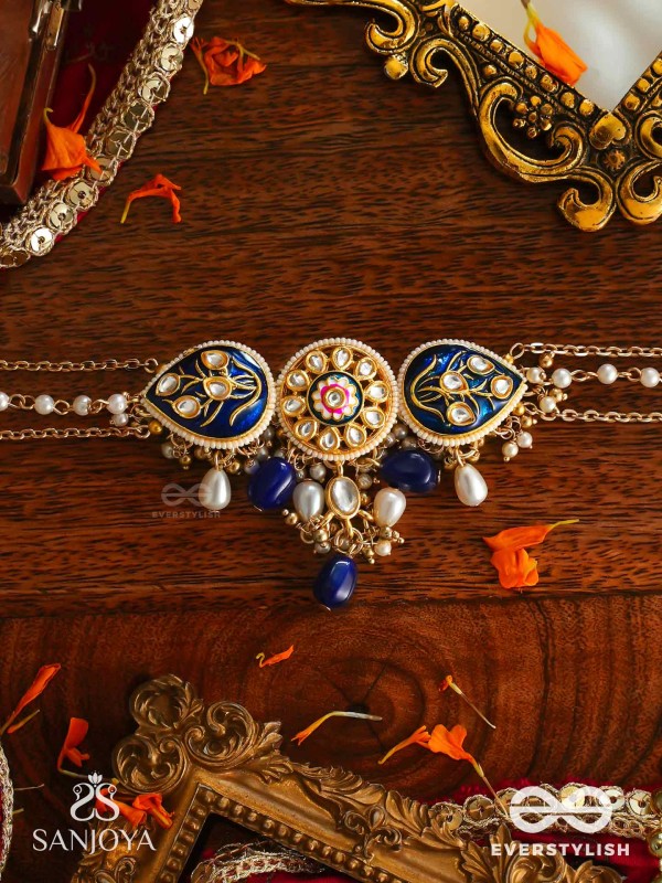 NILACHANDRIKA- MOONLIGHT OF THE BLUE SKY- KUNDAN NECKLACE WITH DEEP BLUE ENAMEL WORK WITH GOLDEN DETAILS, PEARLS, AND DAZZLING GEMS