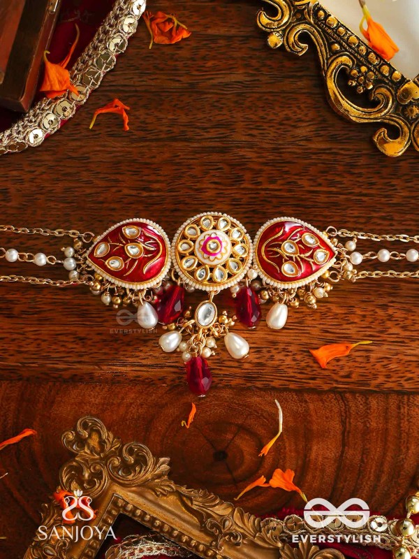 ARUNAMUKHI- FACE OF THE RED SUN- GLORIOUS KUNDAN NECKLACE WITH RED ENAMEL DETAILS AND PEARL EMBELLISHMENTS 