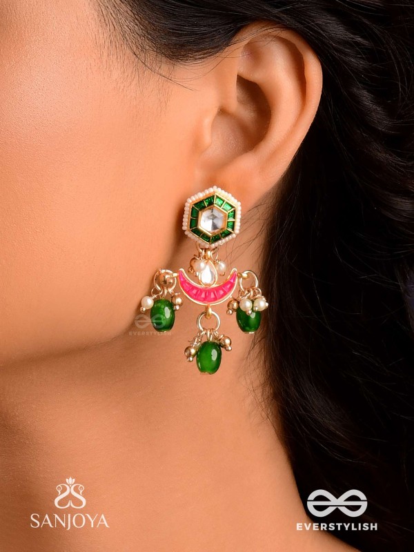 SHASHIRATNA- JEWEL OF THE MOON- KUNDAN EARRINGS INSPIRED BY THE MOON’S RADIANCE WITH PEARLS AND  GREEN DROPS