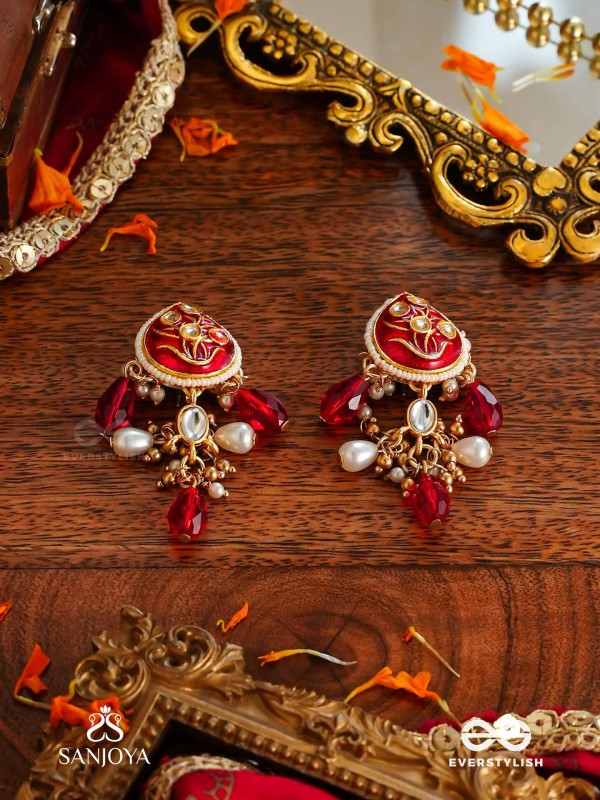 ARUNAMUKHI- FACE OF THE RED SUN- GLORIOUS KUNDAN EARRINGS WITH RED ENAMEL DETAILS AND PEARL EMBELLISHMENTS 
