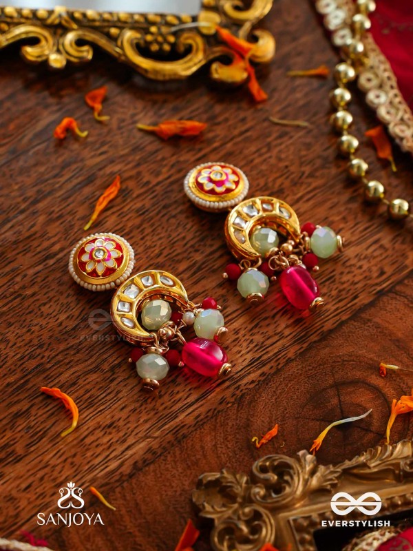 SHONAPRABHA- RADIANCE OF GOLD AND RED- HANDCRAFTED KUNDAN EARRINGS  WITH GOLDEN MOONS AND RED BEADS