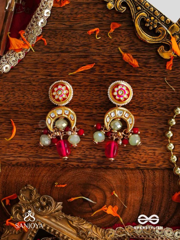 SHONAPRABHA- RADIANCE OF GOLD AND RED- HANDCRAFTED KUNDAN EARRINGS  WITH GOLDEN MOONS AND RED BEADS