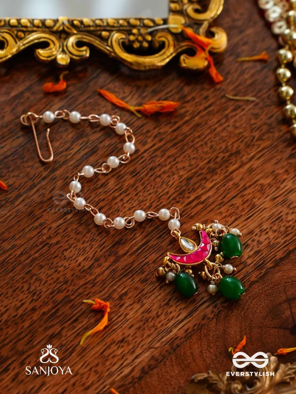 SHASHIRATNA- JEWEL OF THE MOON- KUNDAN MAANGTIKA INSPIRED BY THE MOON’S RADIANCE WITH PEARLS AND  GREEN DROPS