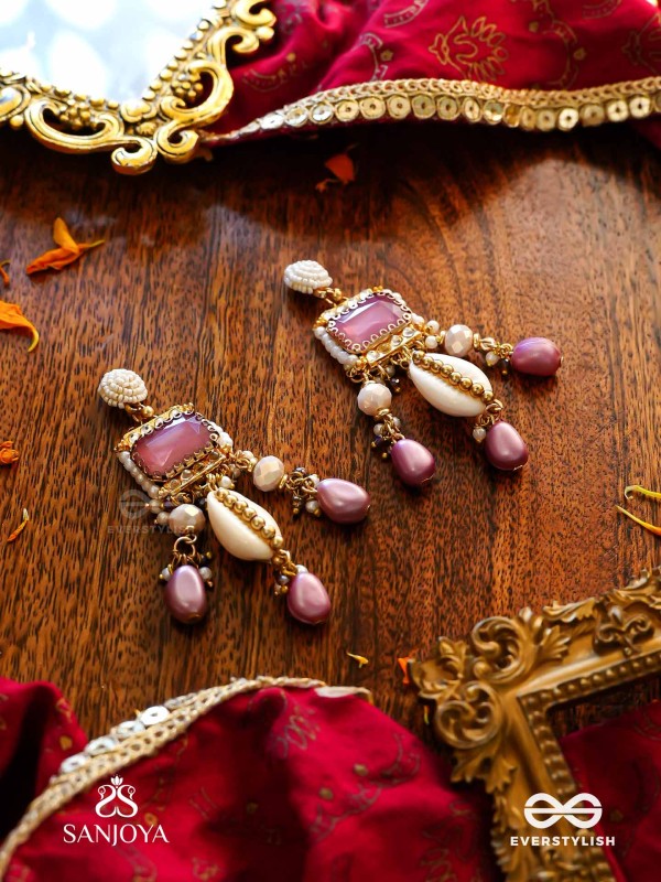 MANOHARA - CHARMING BEAUTY- ROYAL KUNDAN EARRINGS WITH PEARL STRINGS, SHELLS AND PINK GEM EMBELLISHMENTS