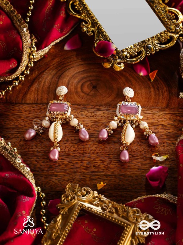 MANOHARA - CHARMING BEAUTY- ROYAL KUNDAN EARRINGS WITH PEARL STRINGS, SHELLS AND PINK GEM EMBELLISHMENTS